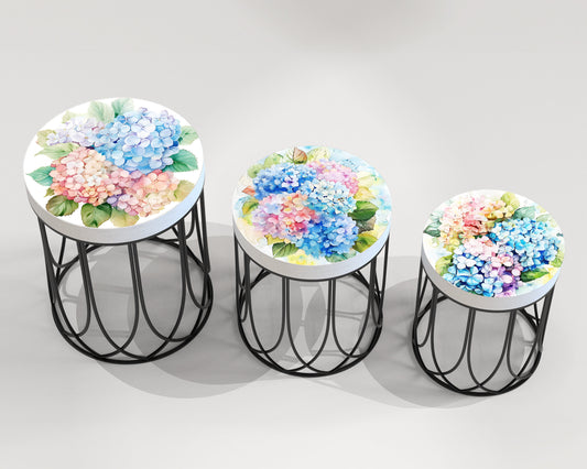 Spring Watercolor Hydrangea Accent Table | Farmhouse Style Round End Tables | Perfect for Bedroom, Balcony, Patio