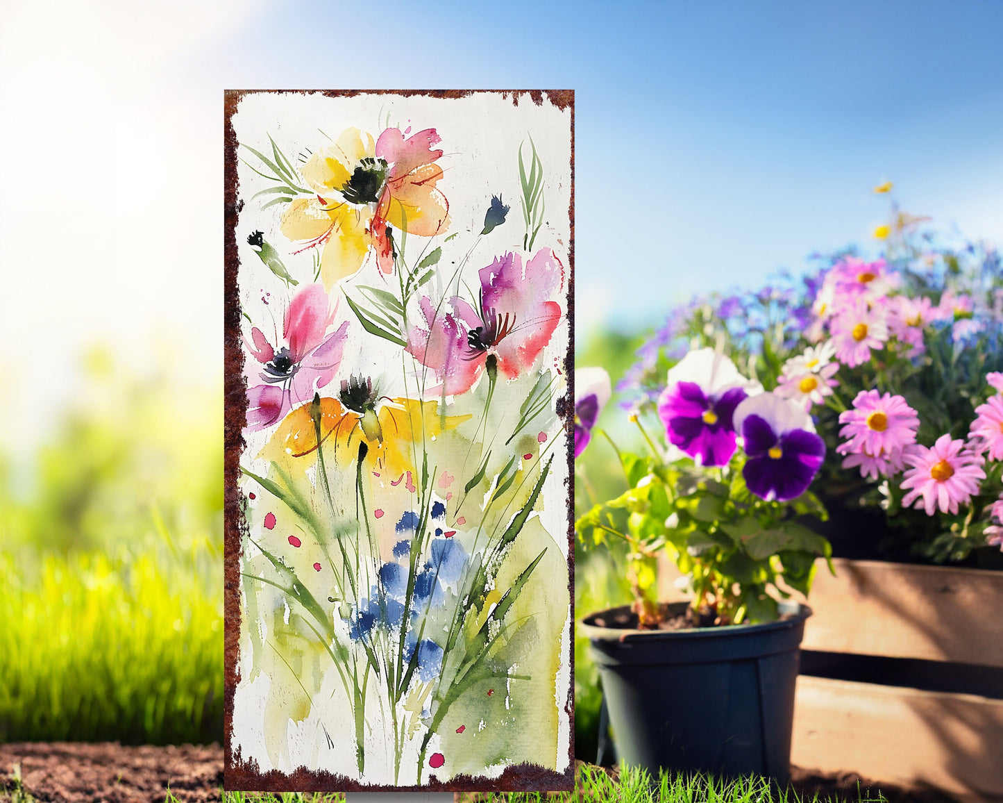 30in Spring Garden Stake | Watercolor Wildflower Decor | Ideal for Outdoor Decor, Yard Art, and Garden Decorations