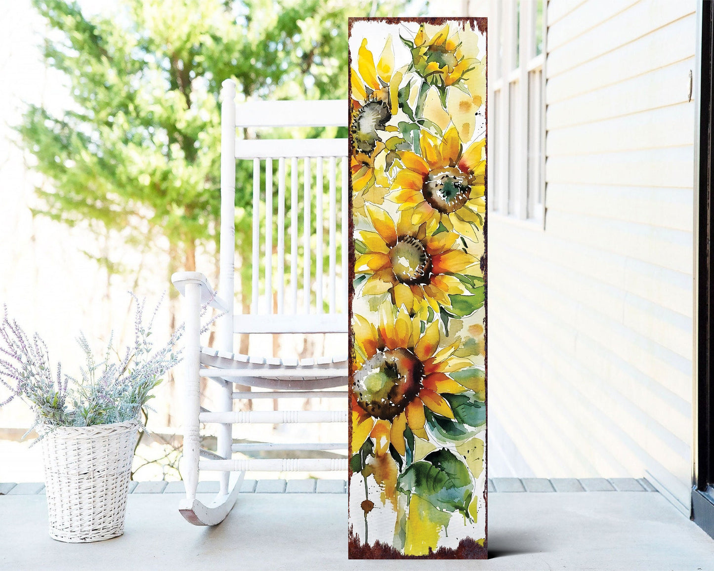 36-Inch Summer Watercolor Sunflower Wooden Porch Sign | Rustic Farmhouse Decor for Front Door, Wall, Outdoor Entryway Display