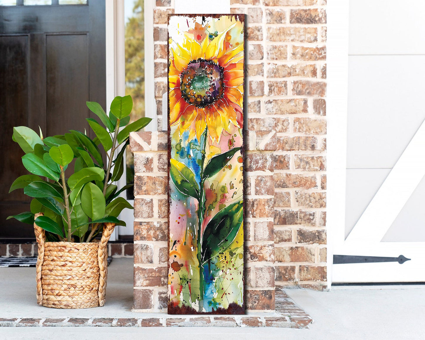 36in Summer Watercolor Sunflower Wooden Porch Sign | Rustic Farmhouse Decor for Front Door, Wall, Outdoor Entryway Display