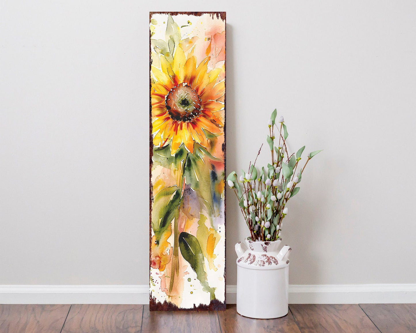 36in Summer Watercolor Sunflower Wooden Porch Sign | Rustic Farmhouse Decor for Front Door, Wall, Outdoor Entryway Display Decor