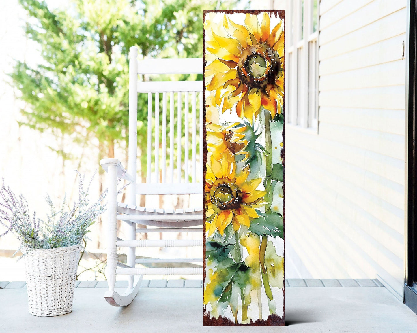 36in Summer Watercolor Sunflower Wooden Porch Sign | Rustic Farmhouse Decor for Front Door, Wall, Outdoor Entryway Display Board