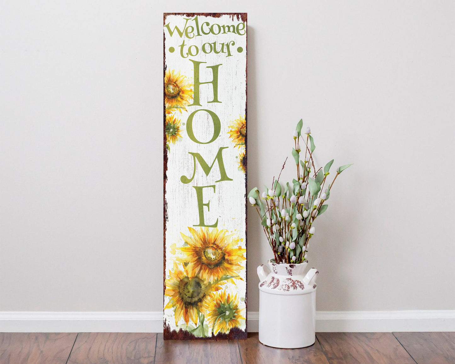 36-Inch "Welcome to Our Home" Sunflower Porch Sign | Summer Watercolor Design | Rustic Farmhouse Decor for Door, Wall, Entryway