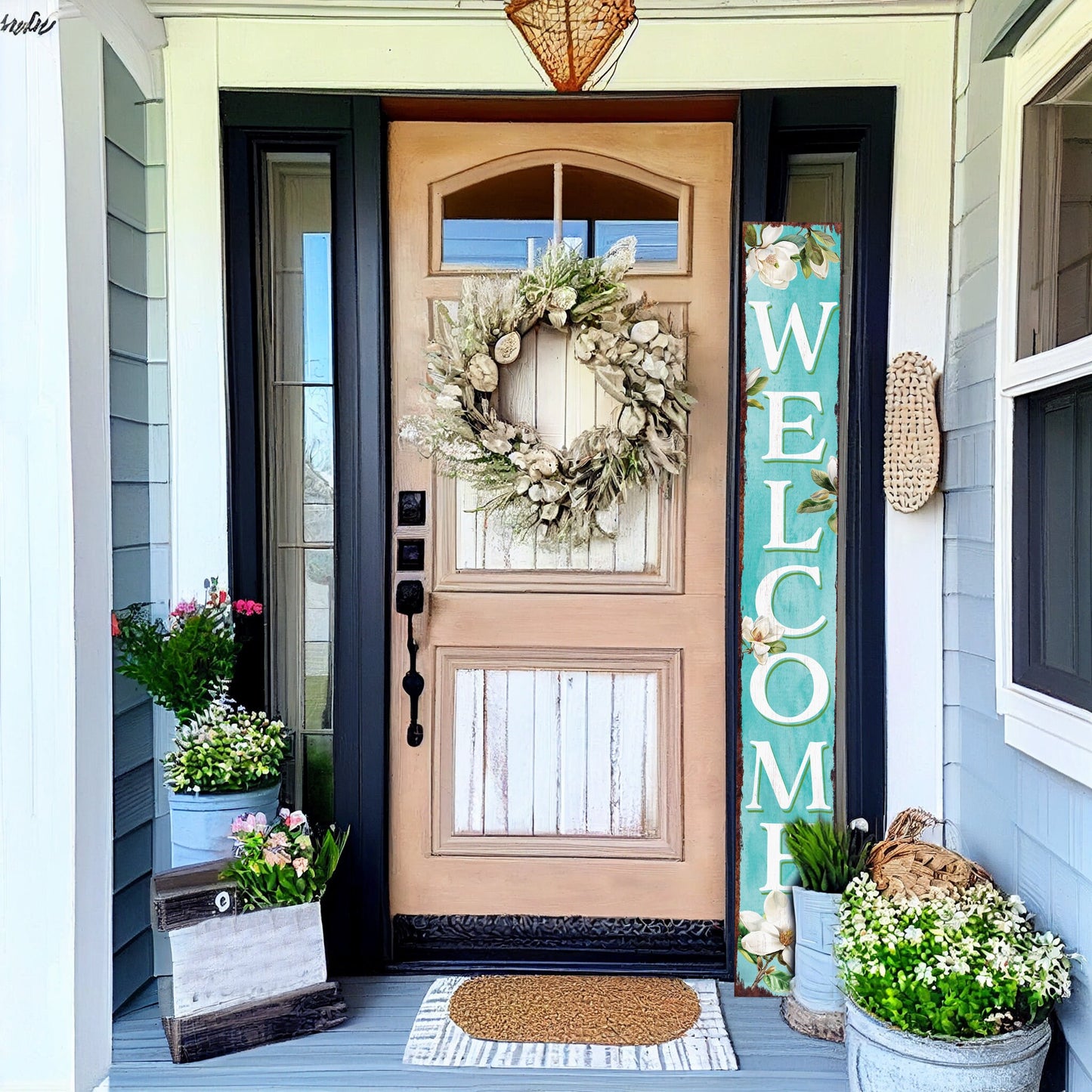 72in Summer Magnolia Welcome Porch Sign | Rustic Wooden Decor | Outdoor Wall Art | Vibrant Floral Farmhouse Patio Decor