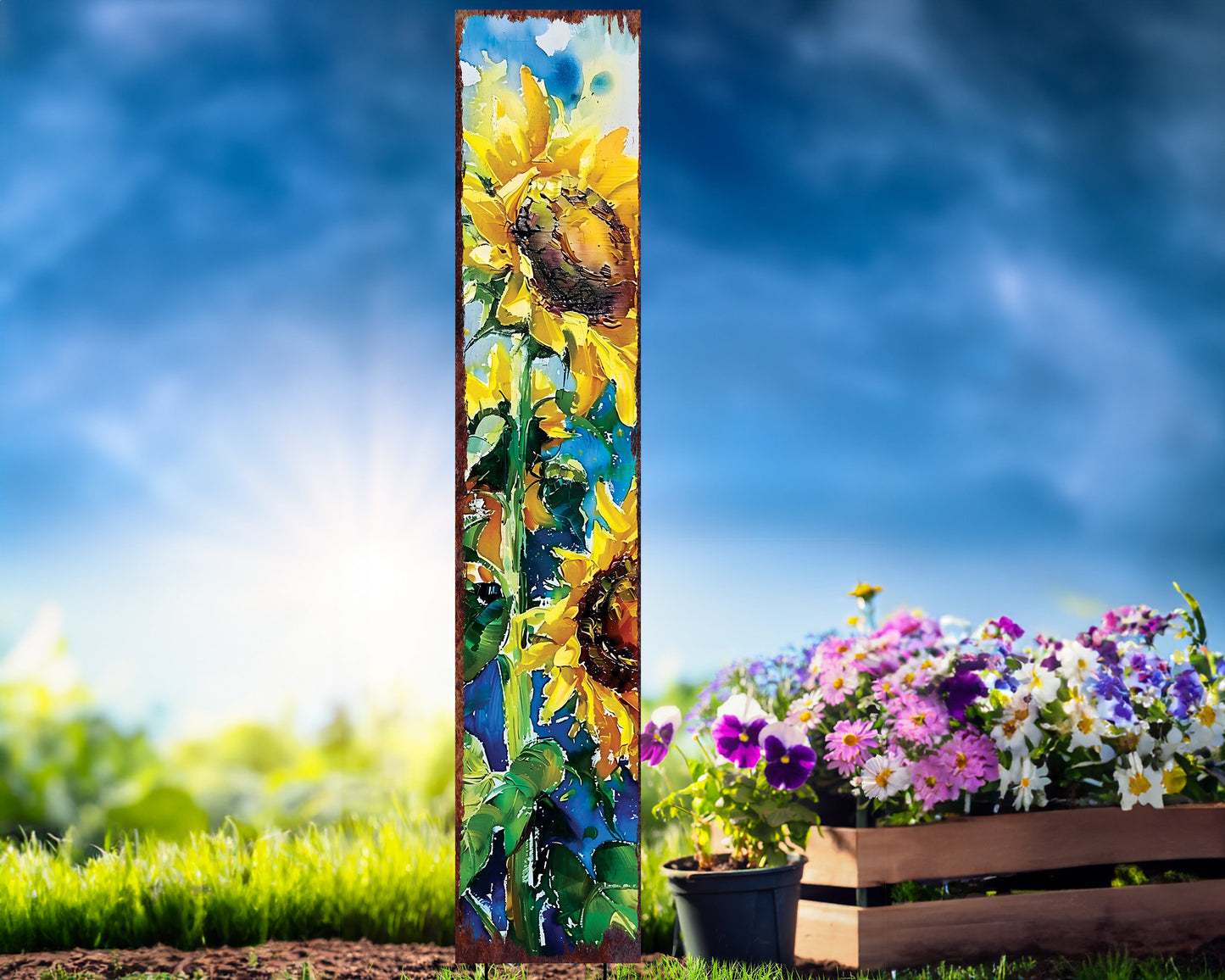 42in Summer Garden Stake - Oil Paint Style Sunflowers Decor - Ideal for Outdoor, Yard, and Garden Decorations
