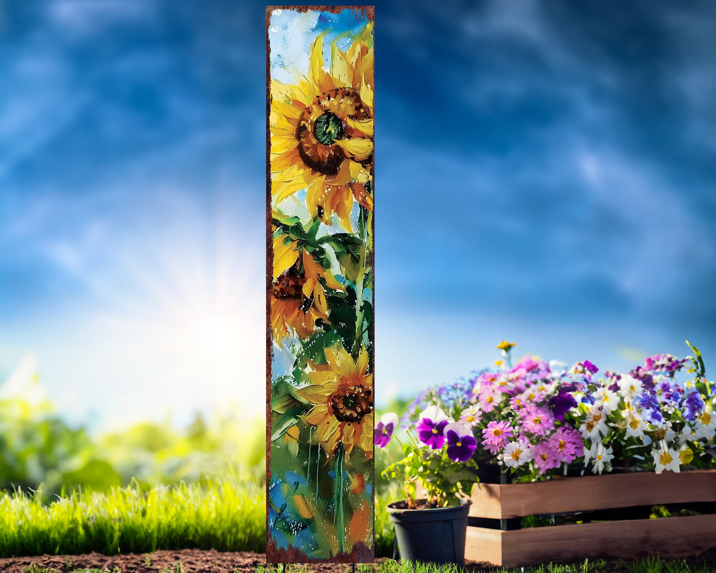 42in Summer Garden Stake - Oil Paint Style Sunflower Decor - Ideal for Outdoor, Yard, and Garden Decor