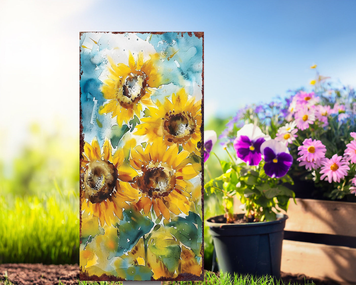 30in Summer Garden Stake | Watercolor Style Sunflower Decor - Made in USA - Ideal for Outdoor, Yard, and Garden Decorations