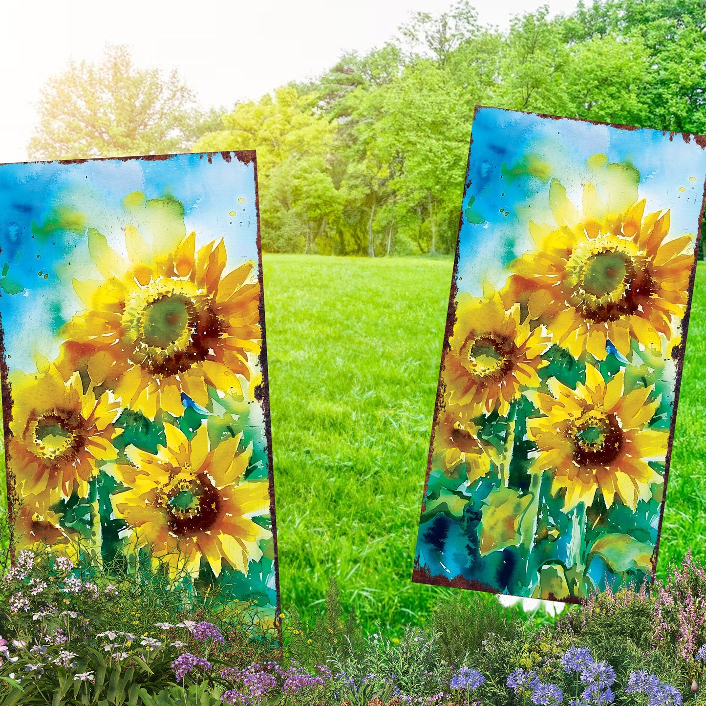 30in Summer Garden Stake | Watercolor Style Sunflower Decor - Made in USA - Ideal for Outdoor, Yard, and Garden Decoration
