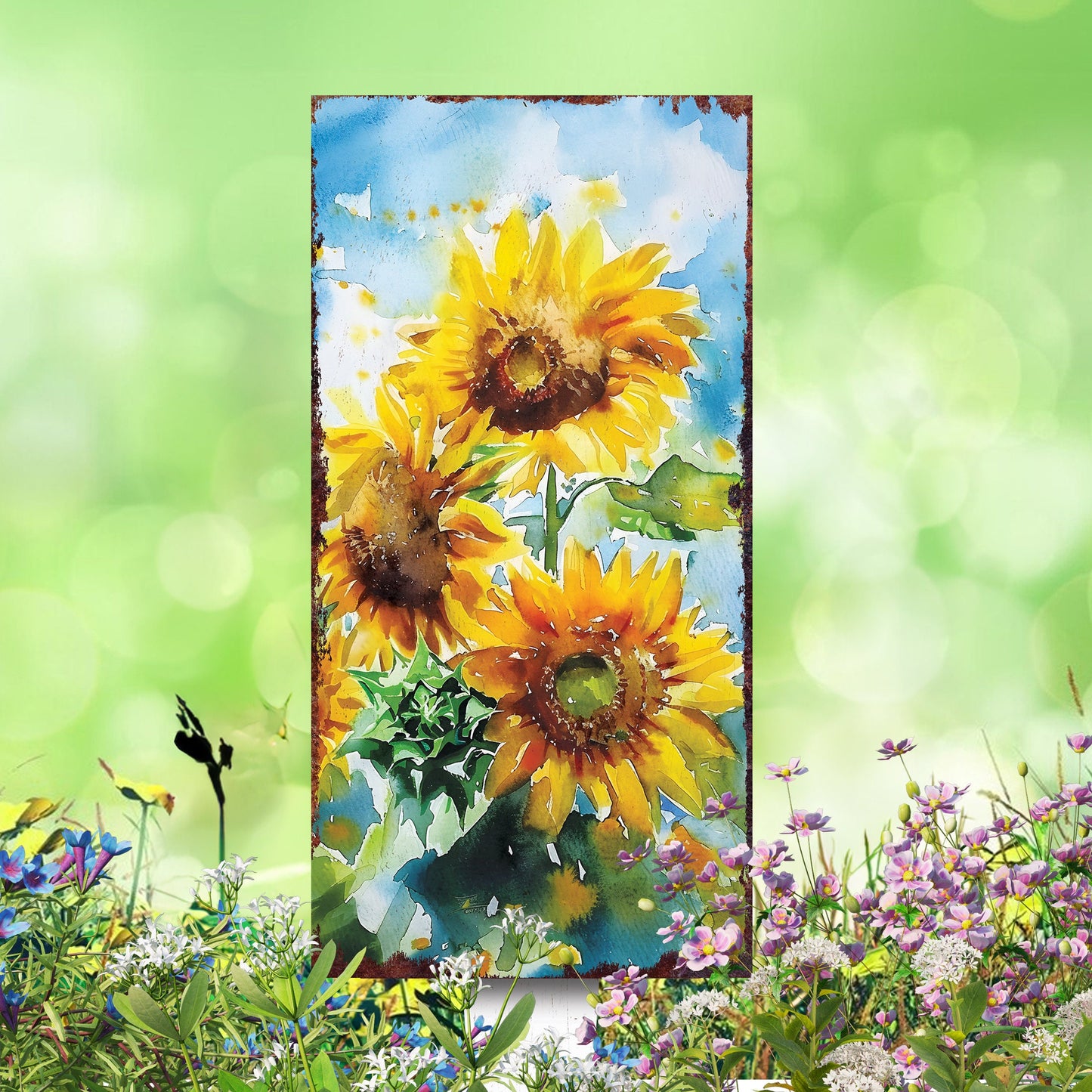 30in Summer Garden Stake | Watercolor Style Sunflowers Decor - Made in USA - Ideal for Outdoor, Yard, and Garden Decor