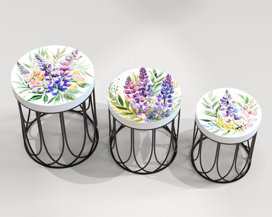 Spring Watercolor Lupine Accent Table | Farmhouse Style Round End Tables | Perfect for Bedroom, Balcony, Patio