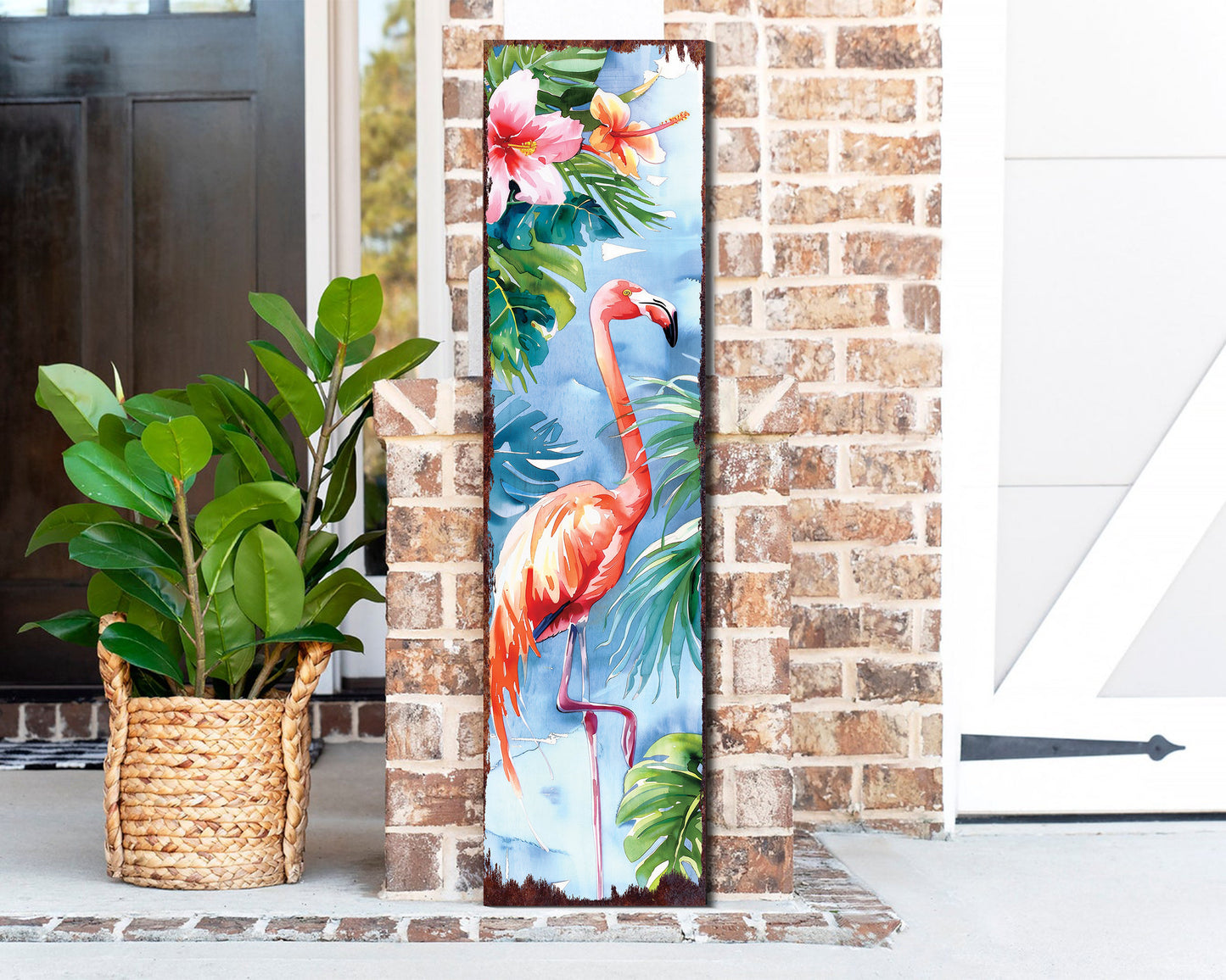 36in Summer Watercolor Flamingo Porch Sign - Farmhouse Rustic Decor for Door, Wall, Outdoor Entryway - UV Protected & Sealed