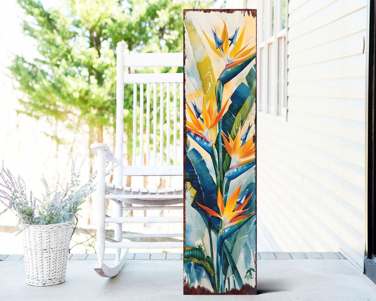 36in Summer Watercolor Bird of Paradise Flowers Porch Sign - Farmhouse Rustic Decor for Door, Wall, Outdoor Entryway - UV Protected & Sealed