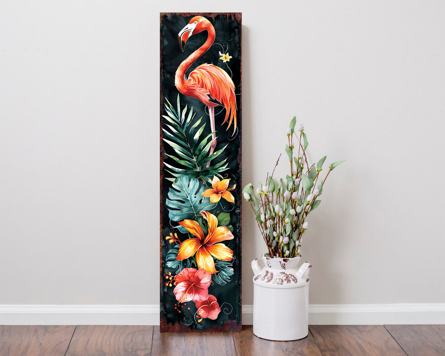 36in Summer Tropical Watercolor Flamingo Porch Sign - UV Protected & Sealed Decor for Door, Wall, Mantel, Porch Leaner, Outdoor Entryway