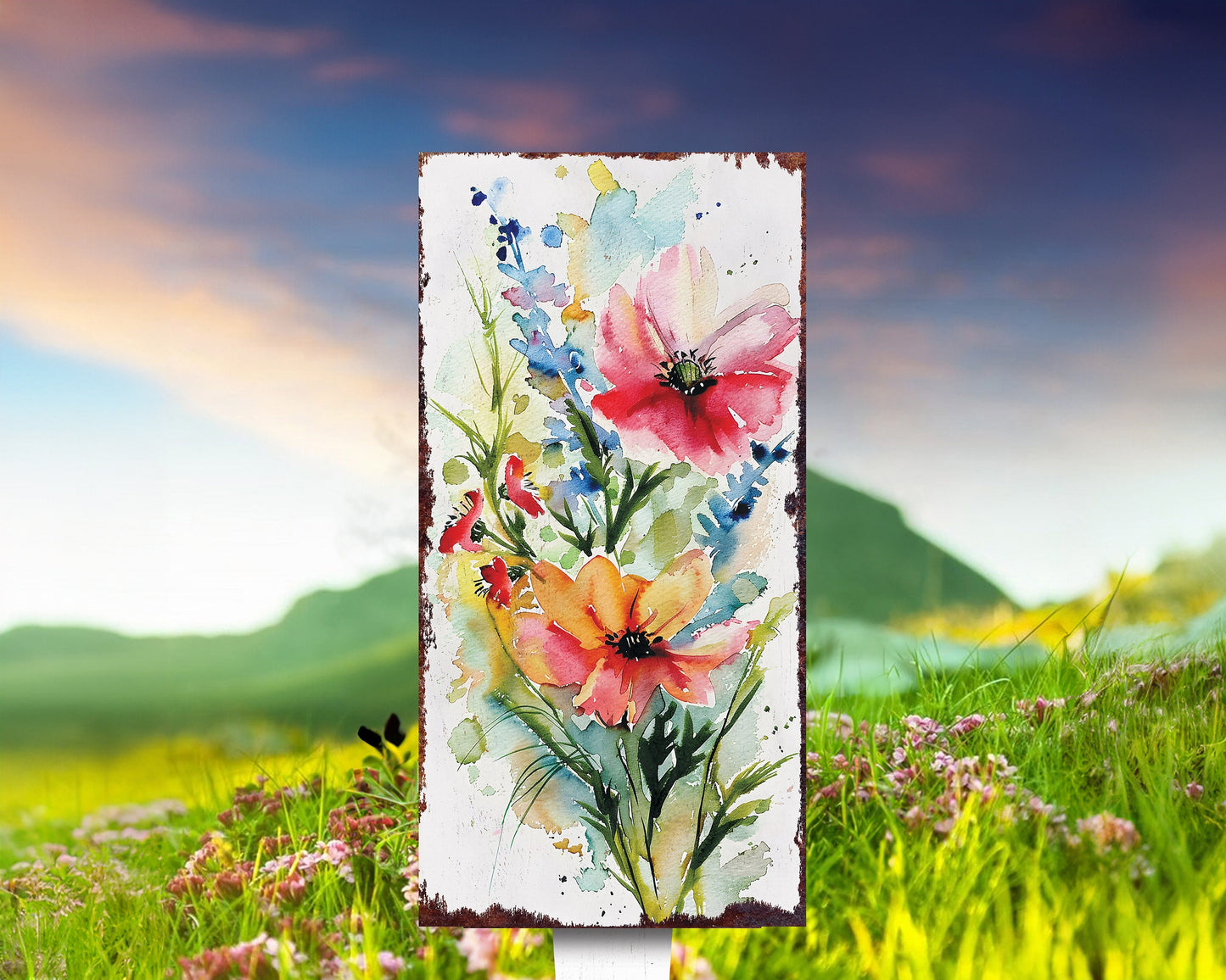 30in Spring Garden Stake | Watercolor Wildflower Decor | Ideal for Outdoor Decor and Yard Sign, Garden Decorative