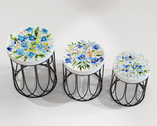 Spring Watercolor Forget-Me-Nots Accent Table | Farmhouse Style Round End Tables | Outdoor Side Tables for Bedroom, Balcony, Patio