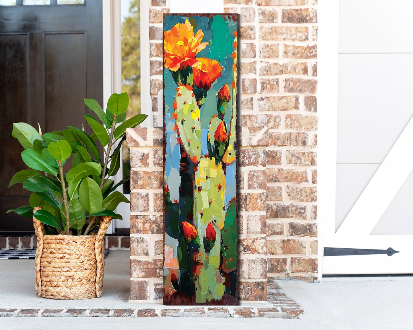 36in Summer Cactus Porch Sign - Oil Paint Style - Wooden Rustic Farmhouse Decor - Perfect for Door, Wall, Outdoor Entryway Decor
