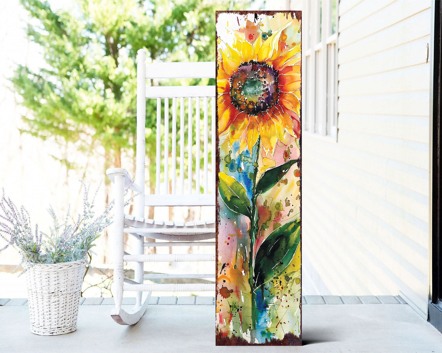 36in Summer Watercolor Sunflower Wooden Porch Sign | Rustic Farmhouse Decor for Front Door, Wall, Outdoor Entryway Display