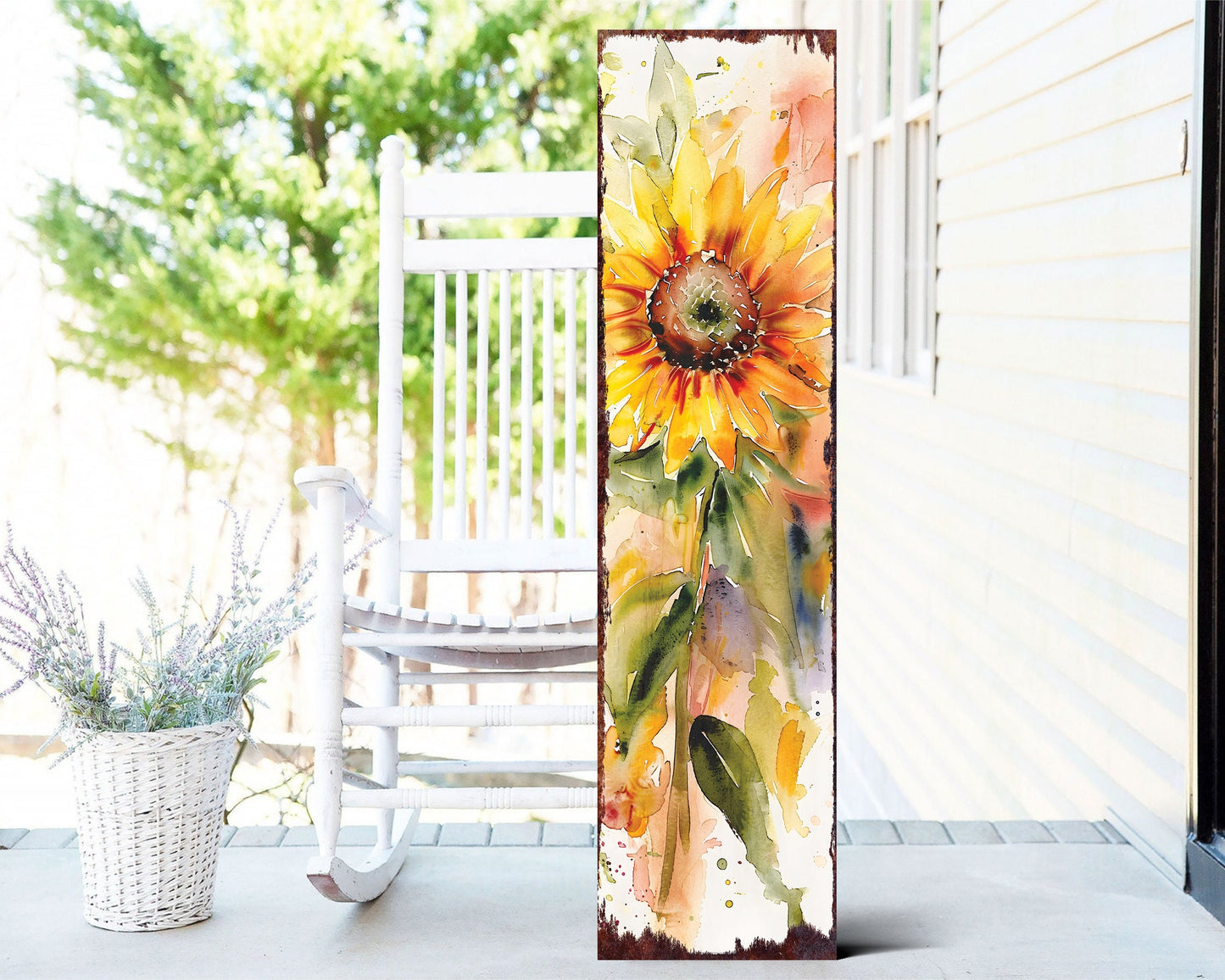 36in Summer Watercolor Sunflower Wooden Porch Sign | Rustic Farmhouse Decor for Front Door, Wall, Outdoor Entryway Display Decor
