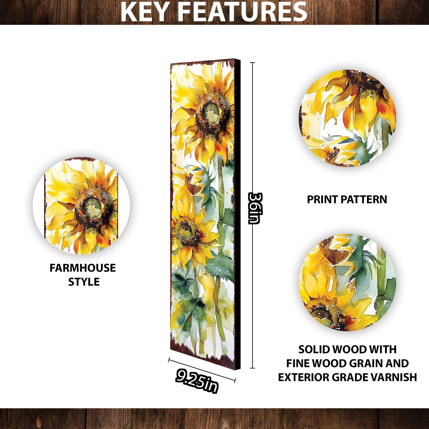 36in Summer Watercolor Sunflower Wooden Porch Sign | Rustic Farmhouse Decor for Front Door, Wall, Outdoor Entryway Display Board