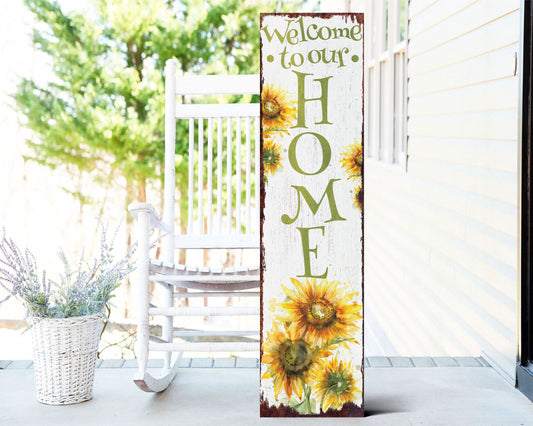 36-Inch "Welcome to Our Home" Sunflower Porch Sign | Summer Watercolor Design | Rustic Farmhouse Decor for Door, Wall, Entryway