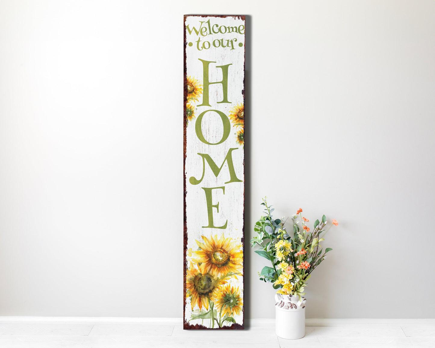 48in "Welcome to Our Home" Sunflower Porch Sign - Summer Watercolor Design - Rustic Farmhouse Decor for Door, Wall, Entryway
