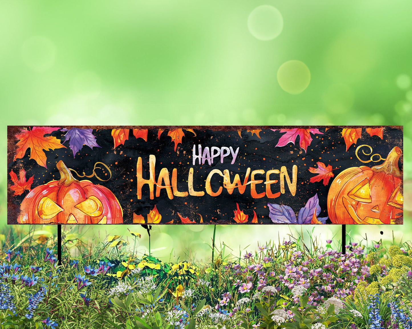 36in Happy Halloween Garden Stake - Watercolor Style Pumpkin - Perfect for Outdoor Decor, Yard Art, Halloween Garden Decorations
