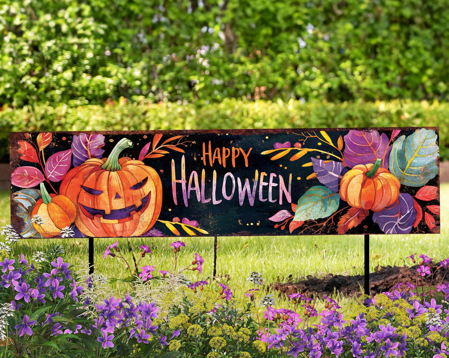 36in Happy Halloween Garden Stake  - Perfect for Outdoor Decorative, Yard Art, Halloween Garden Decorations - Watercolor Style Pumpkin