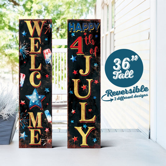 36in 4th of July Porch Sign - Rustic Farmhouse Decor - UV Protected, Reversible - Ideal for  Mantel ,  Outdoor Entryway, Wall, Door