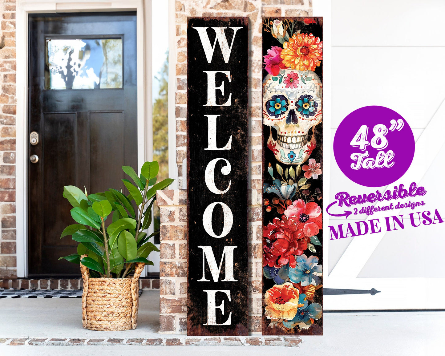 48in Welcome Sign - Dia De Los Muertos Sugar Skull Porch Sign - Vintage Day of the Dead Decoration - Reversible Entryway Porch Decor