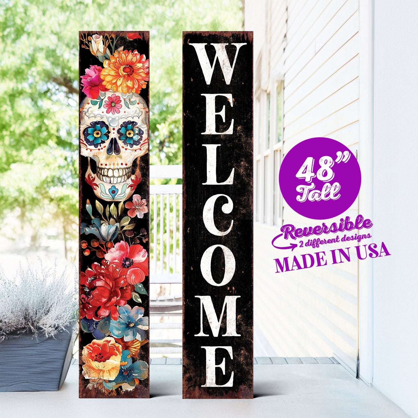48in Welcome Sign - Dia De Los Muertos Sugar Skull Porch Sign - Vintage Day of the Dead Decoration - Reversible Entryway Porch Decor