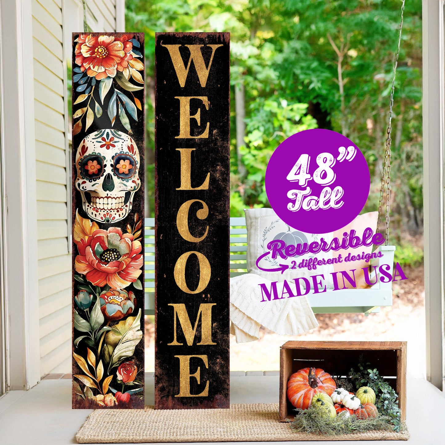 48in Welcome Sign - Dia De Los Muertos Sugar Skull Porch Sign - Vintage Day of the Dead Decoration - Reversible Entryway Porch Art