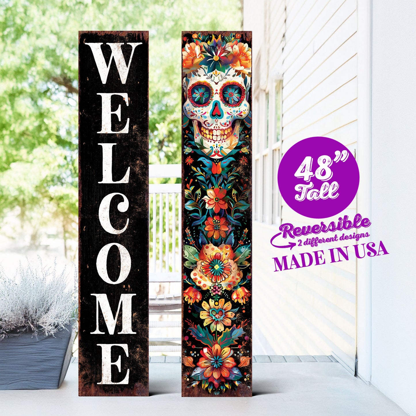 48in Welcome Sign | Dia De Los Muertos Sugar Skull Porch Sign - Vintage Day of the Dead Decoration - Reversible Entryway Porch Leaner