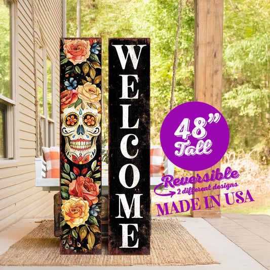 48in Welcome Sign | Dia De Los Muertos Sugar Skull Porch Sign | Vintage Day of the Dead Decoration - Reversible Entryway Porch Decor