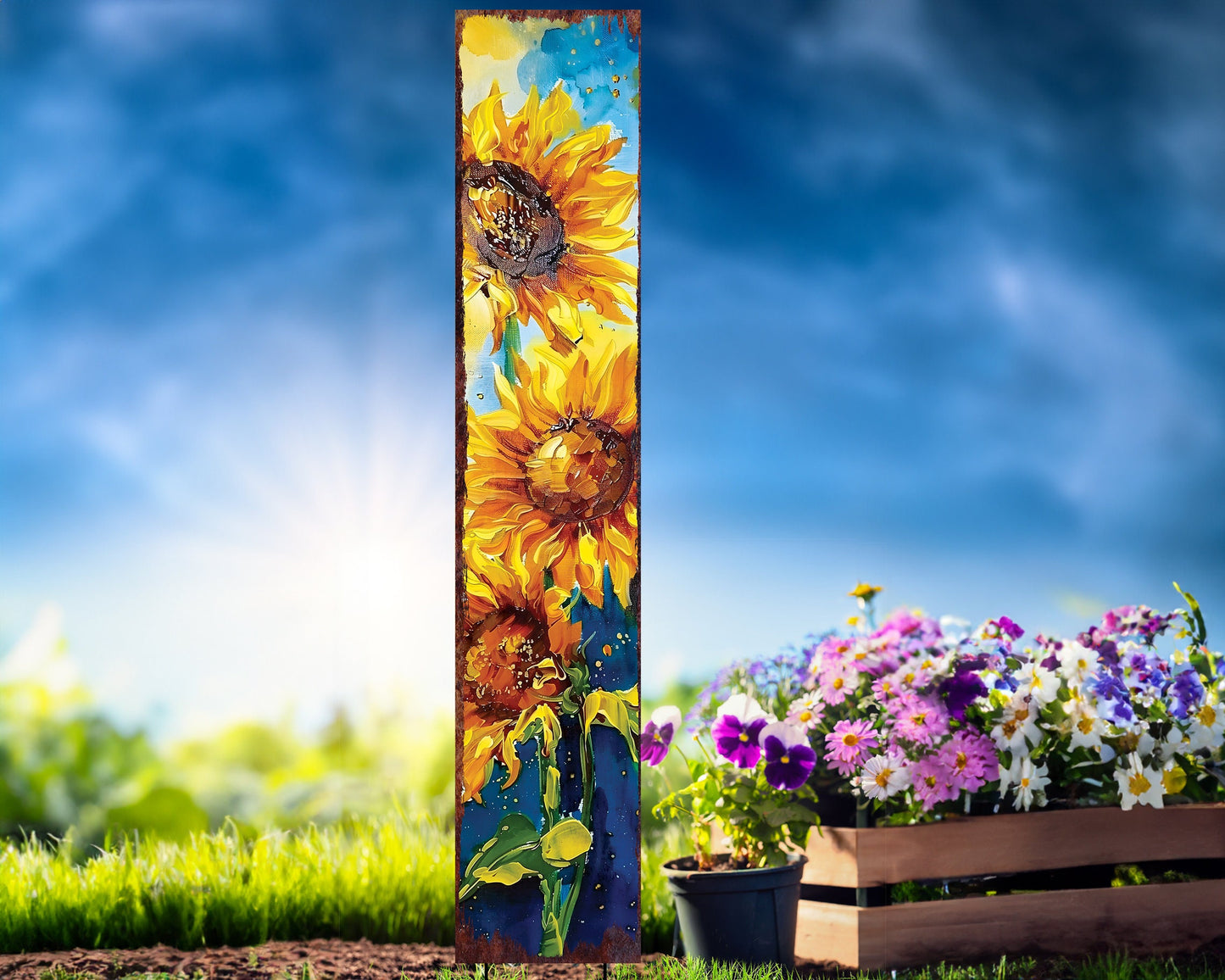 42in Summer Garden Stake - Oil Paint Style Sunflower Decor - Ideal for Outdoor, Yard, and Garden Decorations