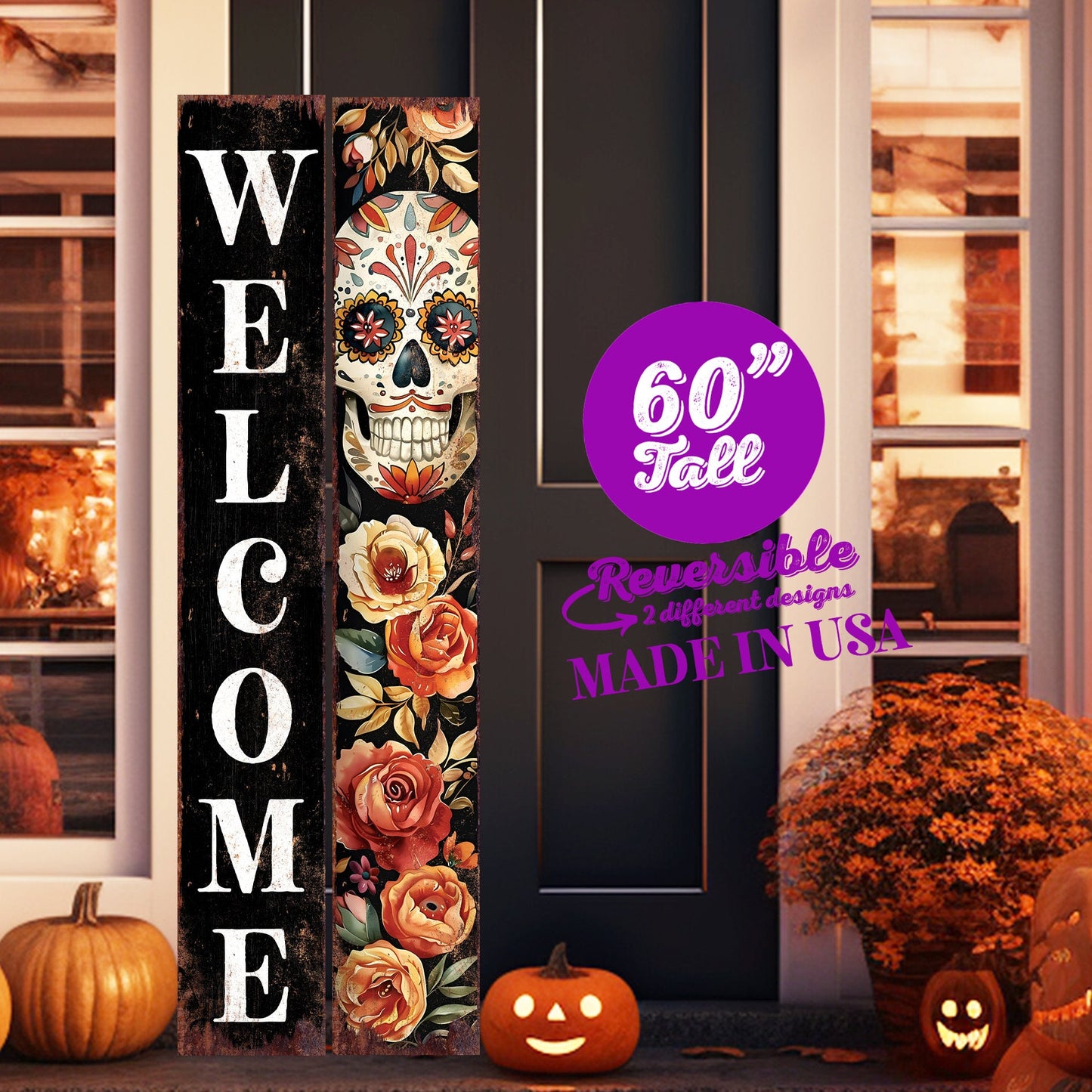 60in Welcome Sign | Dia De Los Muertos Sugar Skull Porch Sign | Vintage Day of the Dead Decoration - Reversible Entryway Porch Decor