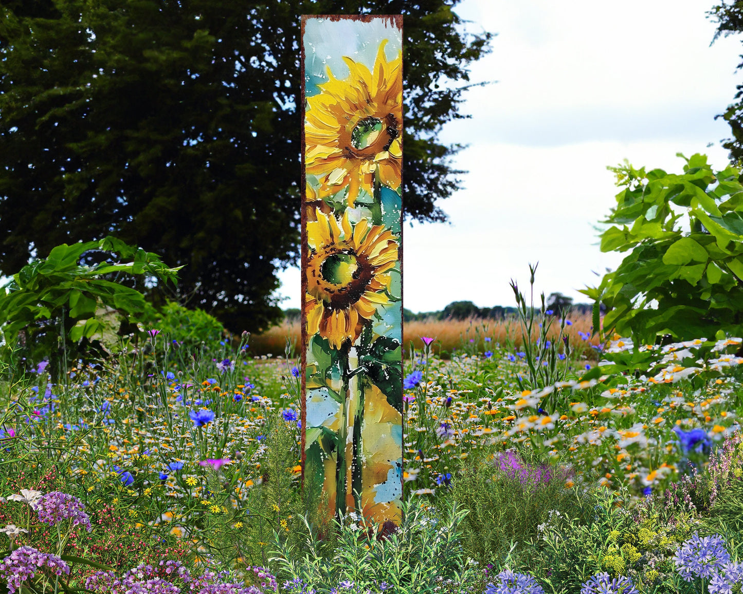 42in Summer Garden Stake - Oil Paint Style Sunflower Decor Plaque - Ideal for Outdoor, Yard, and Garden Decorations