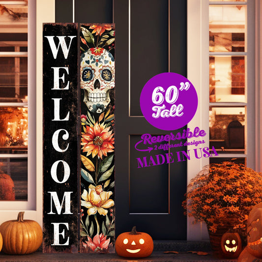 60in Welcome Sign | Dia De Los Muertos Sugar Skull Porch Sign | Vintage Day of the Dead Decoration | Reversible Entryway Porch Decoration
