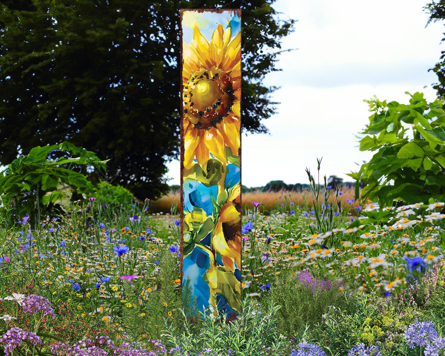42in Summer Garden Stake | Oil Paint Style Sunflower Decor - Ideal for Outdoor, Yard, and Garden Decor