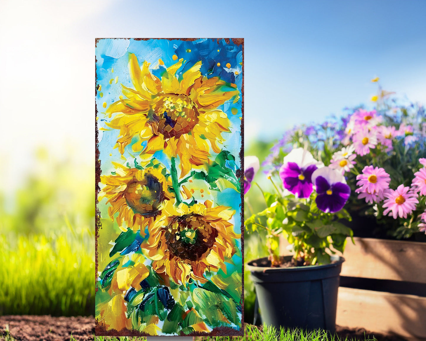 Beautiful 30in Summer Garden Stake | Oil Paint Style Sunflower Decor | Great for Outdoor Decor, Yard Art, and Garden Decorations