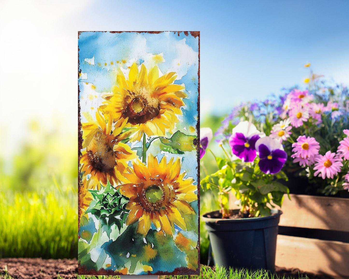 30in Summer Garden Stake | Watercolor Style Sunflowers Decor - Made in USA - Ideal for Outdoor, Yard, and Garden Decor