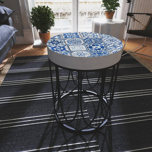 Moroccan Blue Tiles Accent Table - Farmhouse Style Round End Table - Outdoor Side Table 14in Dia 17in High - Wood and Metal Construction