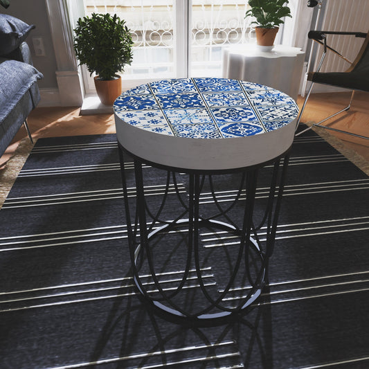 Moroccan Blue Tiles Accent Table | Farmhouse Style Round End Table - Outdoor Side Table 14in Dia 17in High - Wood and Metal Construction