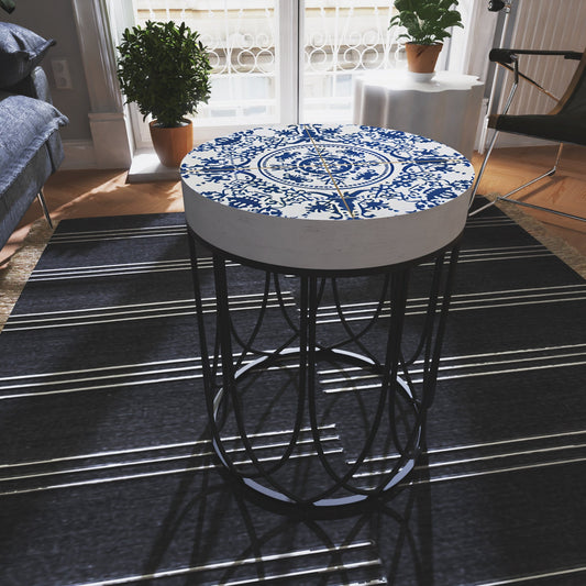 Moroccan Blue Tiles Accent Table | Farmhouse Style Round End Table | Outdoor Side Table 14in Dia 17in High - Wood and Metal Construction