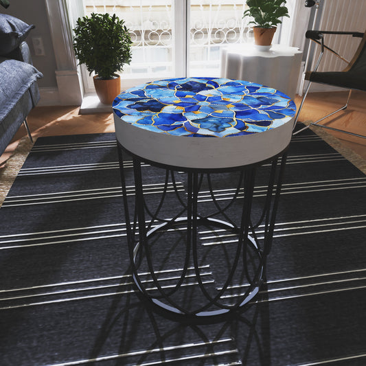 Moroccan Blue Tiles Accent Table  Farmhouse Style Round End Table  Outdoor Side Table 14in Dia 17in High  Wood and Metal Construction