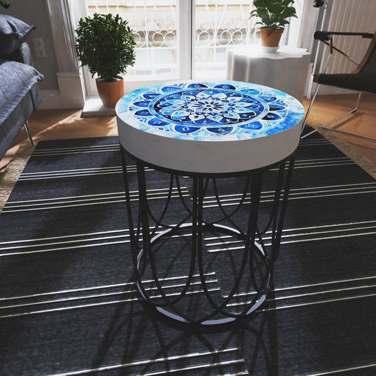 Moroccan Blue Tiles Accent Table _ Farmhouse Style _ Round End Table  Outdoor Side Table 14in Dia 17in High  Wood and Metal Construction