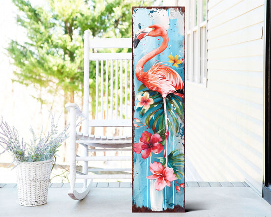 36-inch Summer Watercolor Flamingo Porch Sign - Rustic Farmhouse Decor for Door, Wall, Outdoor Entryway - UV Protected & Sealed