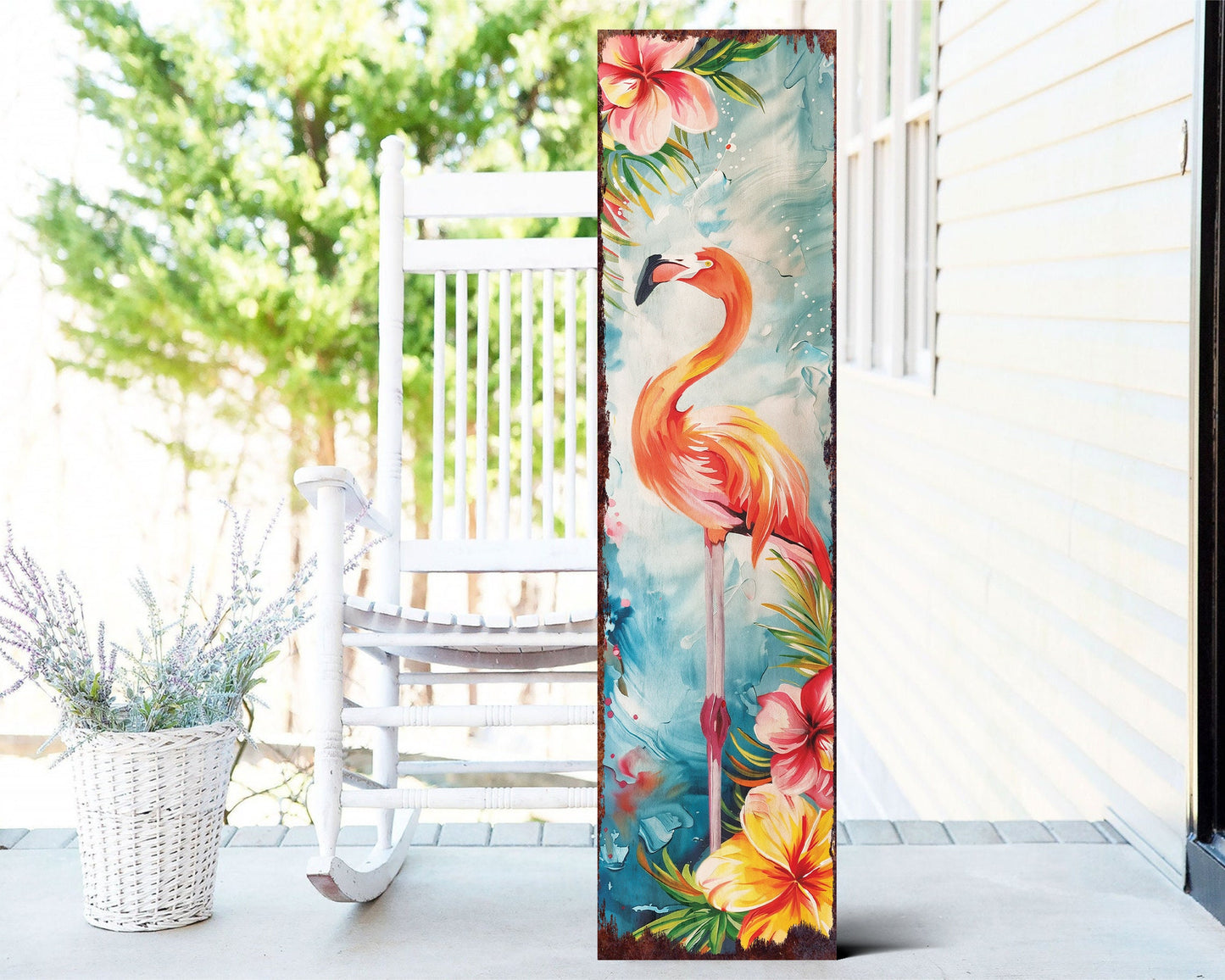 36in Summer Watercolor Flamingo Porch Sign - Farmhouse Decor for Door, Wall, Outdoor Entryway - UV Protected & Sealed