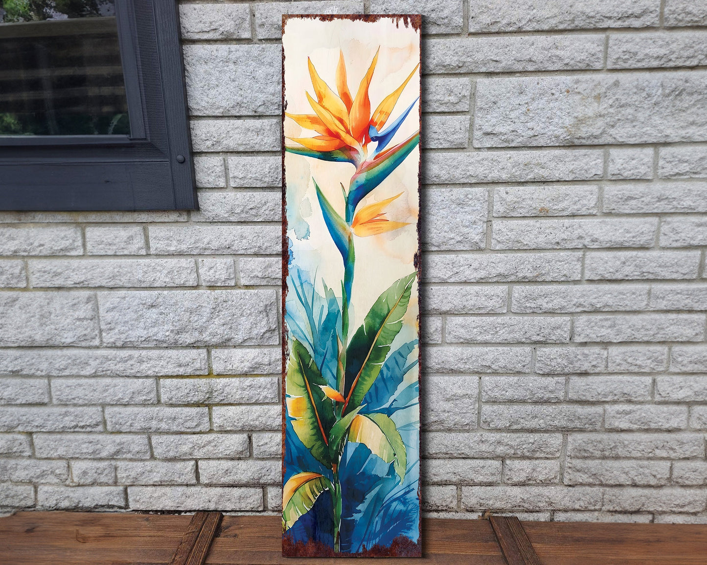 36in Summer Watercolor Bird of Paradise Flower Porch Sign - Farmhouse Rustic Decor for Door, Wall, Outdoor Entryway - UV Protected & Sealed