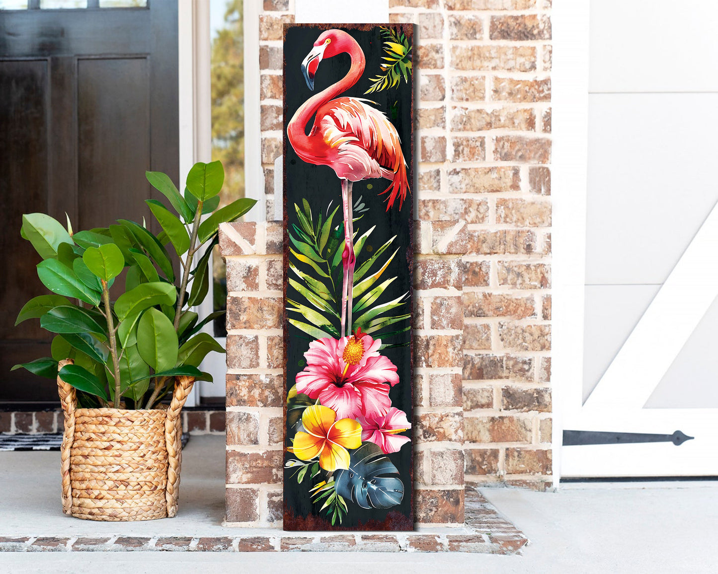 36in Summer Tropical Watercolor Flamingo Porch Sign - Outdoor Entryway - UV Protected & Sealed, Decor for Door, Wall
