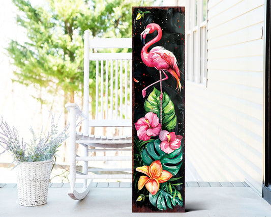 36in Summer Tropical Watercolor Flamingo Porch Sign - UV Protected & Sealed Decor for Door, Wall, Outdoor Entryway, Mantel, Porch Leaner